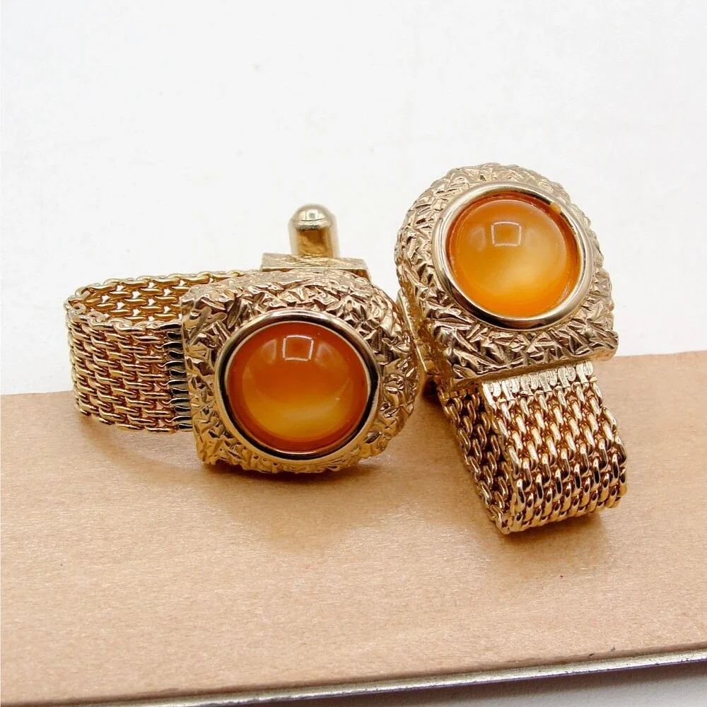 Vintage Swank Orange Moonglow Cabochon Gold Tone Mesh Wrap Around Cufflinks MCM